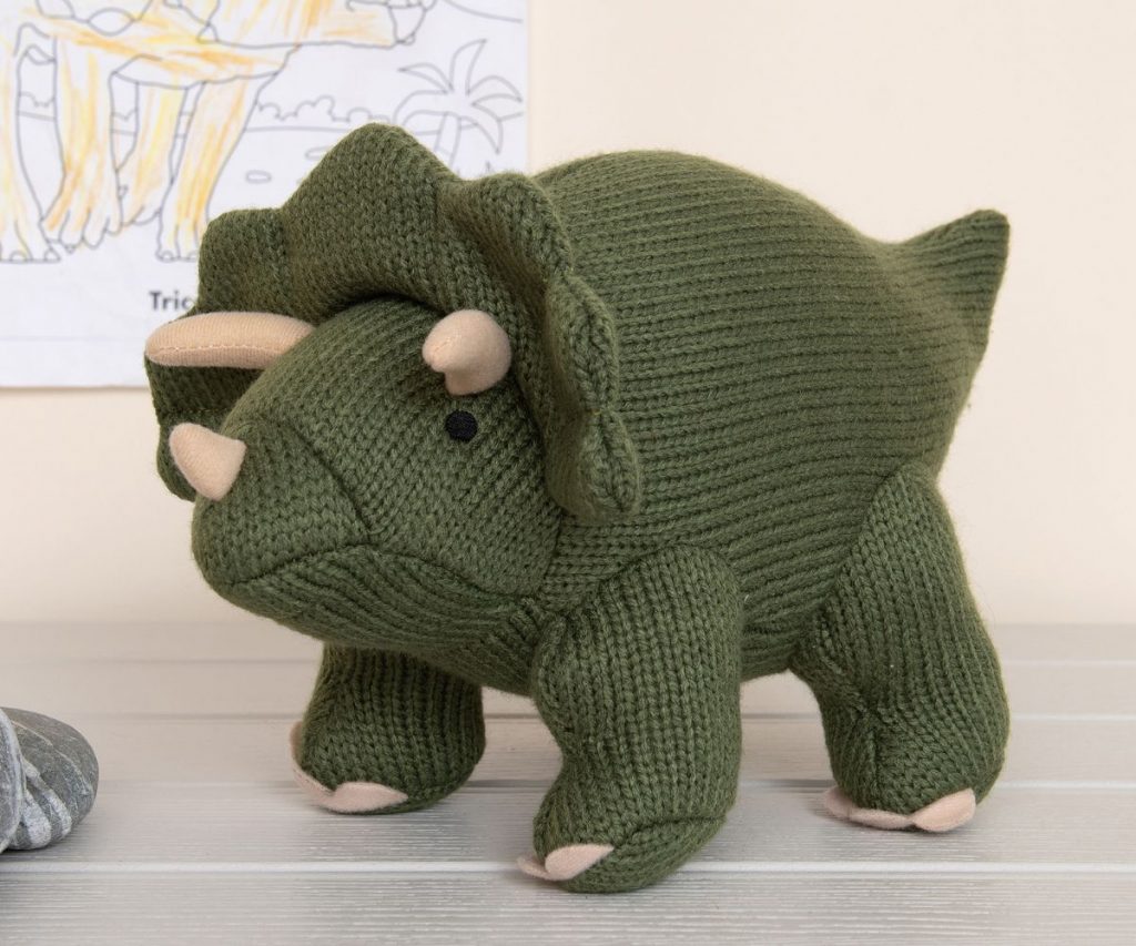 Knitted moss green triceratops soft toy - Send a Cuddly